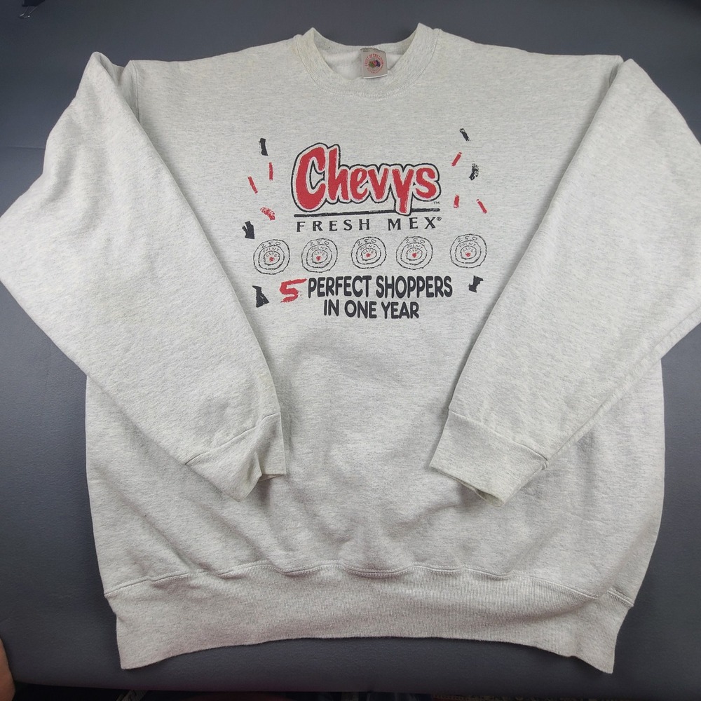 VTG Fruit of the Loom Chevys Fresh Mex 5 Perfect Shoppers in One Year Sweatshirt